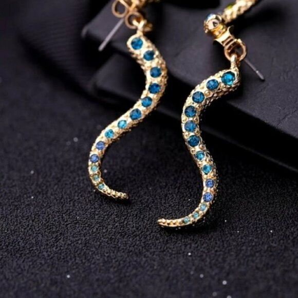 Blue Crystal Snake Vintage Gold Stud Drop Statement Earrings - Picture 12 of 13